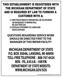 State of Michigan Repair Facility Sign